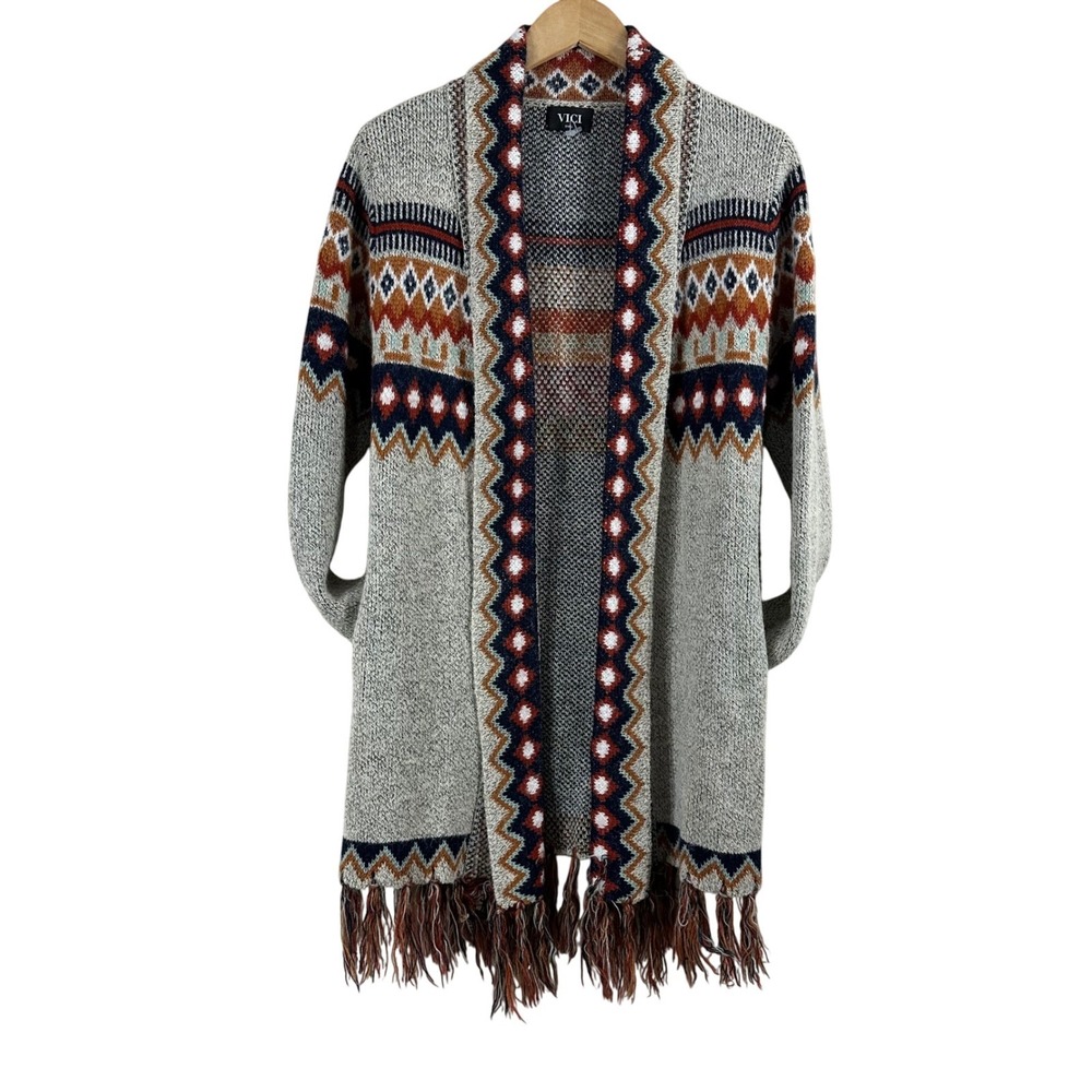 VICI Gray Southwestern Geometric Fringe Open Front Cardigan Sweater Small Boho